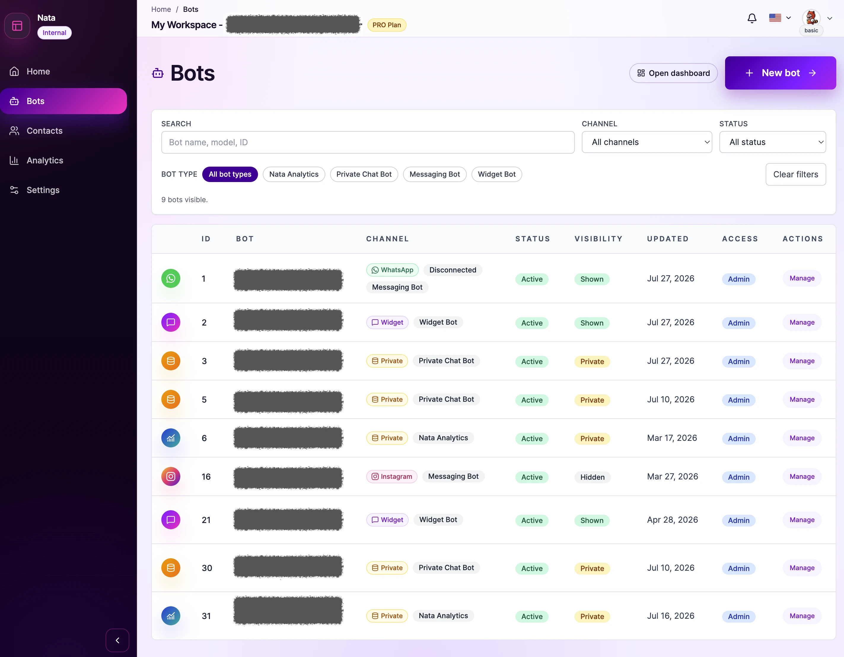 Bots workspace view inside the Nata AI dashboard
